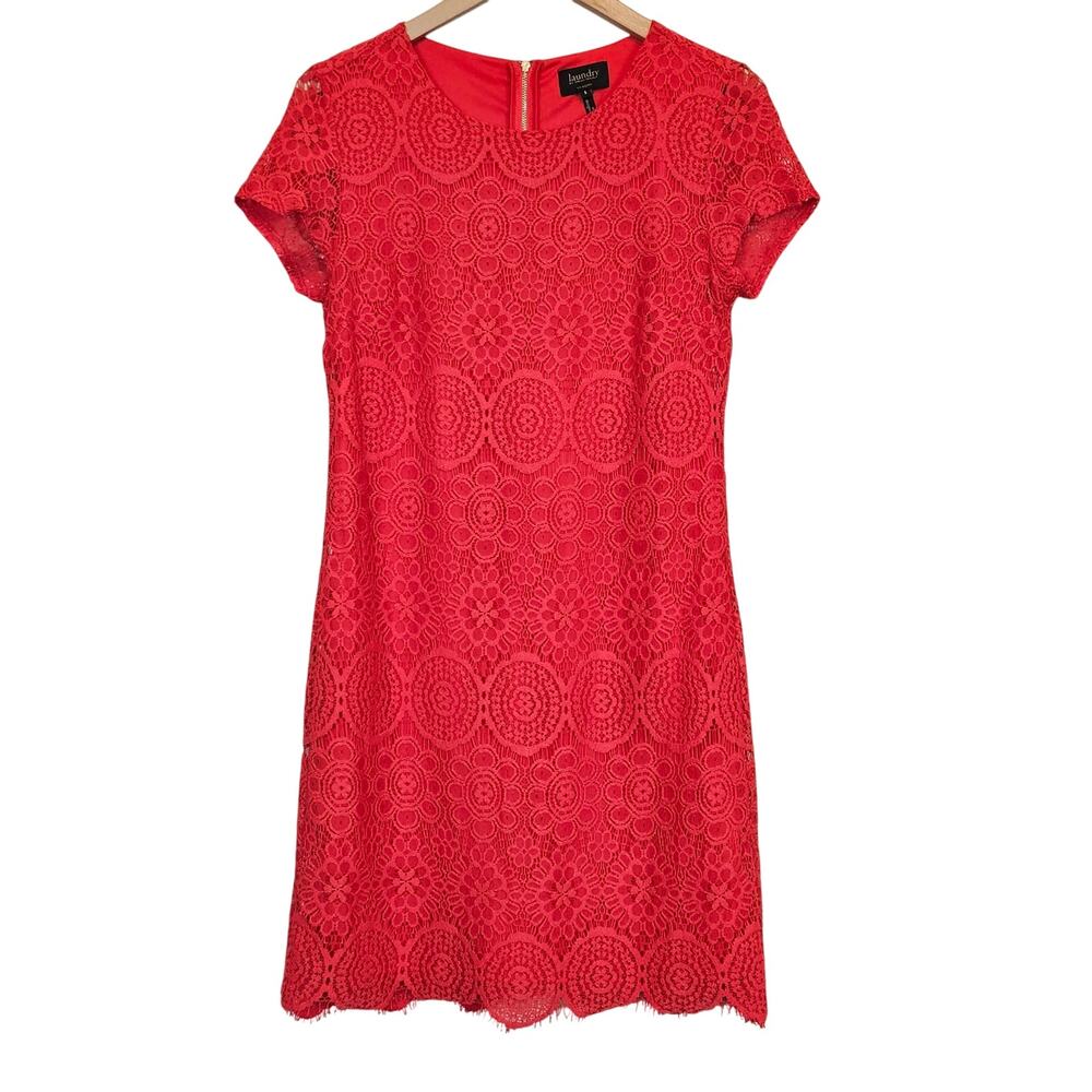 Laundry by Shelli Segal Red Lace Short Sleeve Shift Dress Women's 6 Office‎ Work